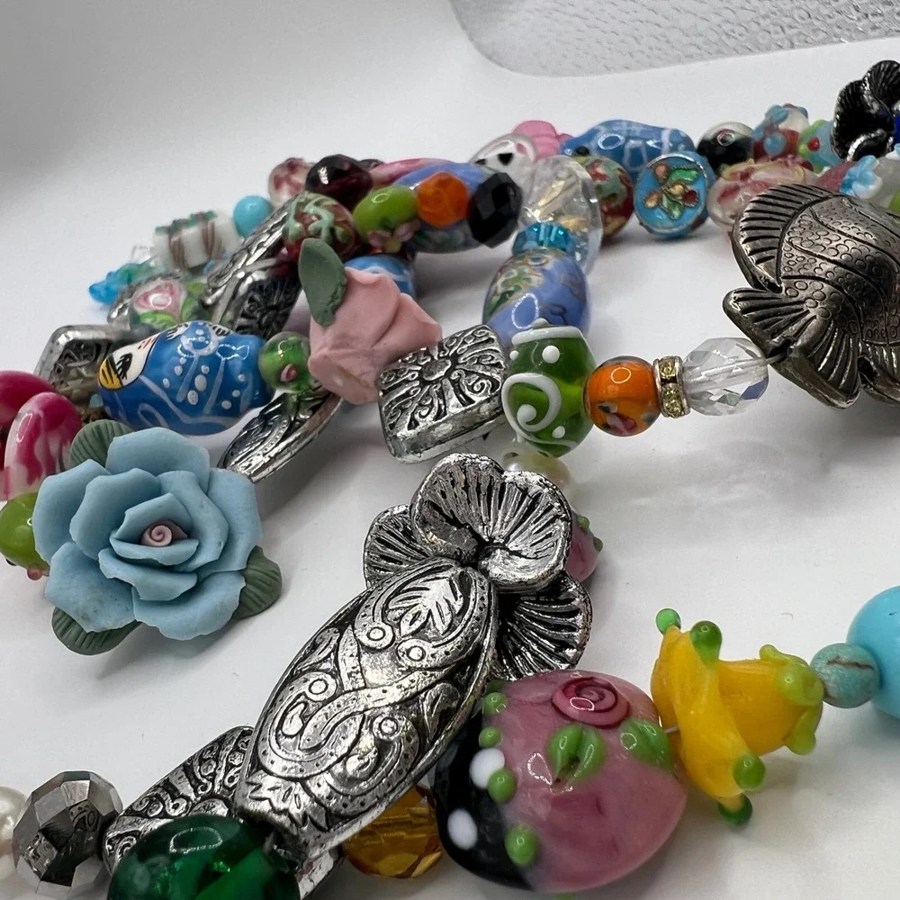 Geisha‎ Multi Strand Beaded Necklace Porcelain Lampwork Fish Nesting Doll Floral